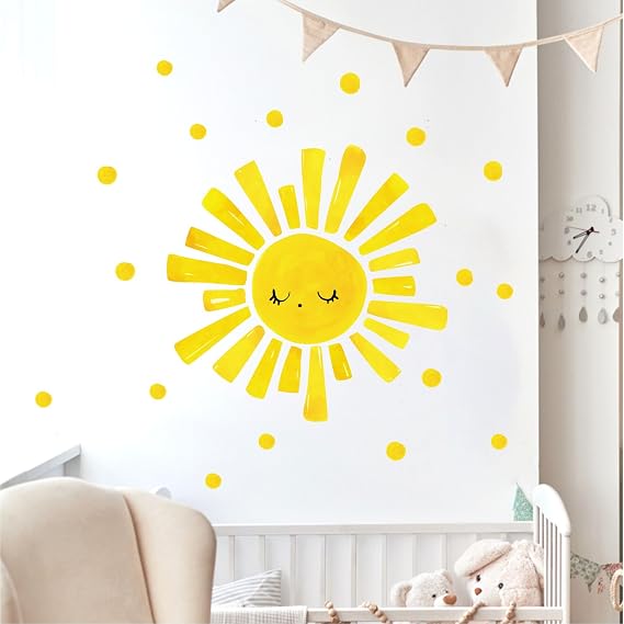 Large Sun Wall Decal 37 Pcs Yellow Sunshine Stickers with Small Polka Dot Watercolour Boho Sunlight Wall Decals for Nursery Bedroom Playroom Kids Room Decor