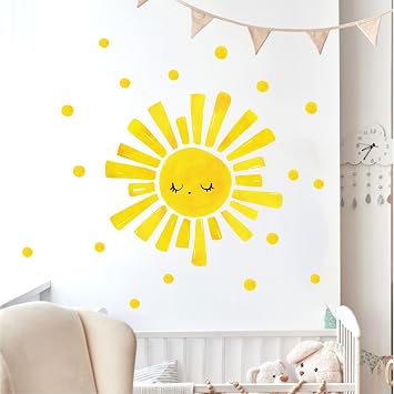 Large Sun Wall Decal 37 Pcs Yellow Sunshine Stickers with Small Polka Dot Watercolour Boho Sunlight Wall Decals for Nursery Bedroom Playroom Kids Room Decor