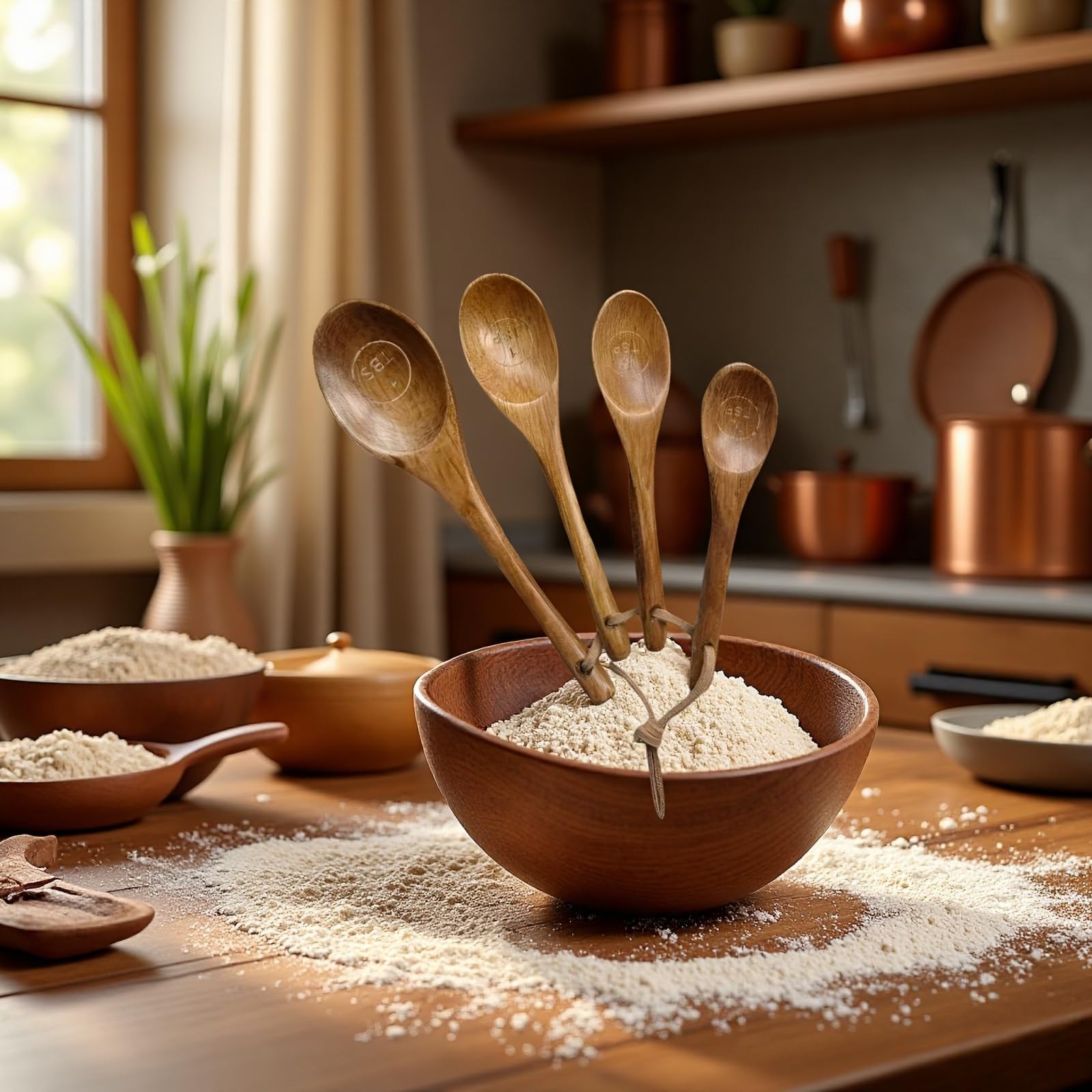 Tasses et cuillères doseuses en bois, lot de 8, tasses en bois d'acacia, cuillères en bois de hêtre, marquages gravés, design emboîtable pour rangement facile, idéal pour cuisiner et pâtisser