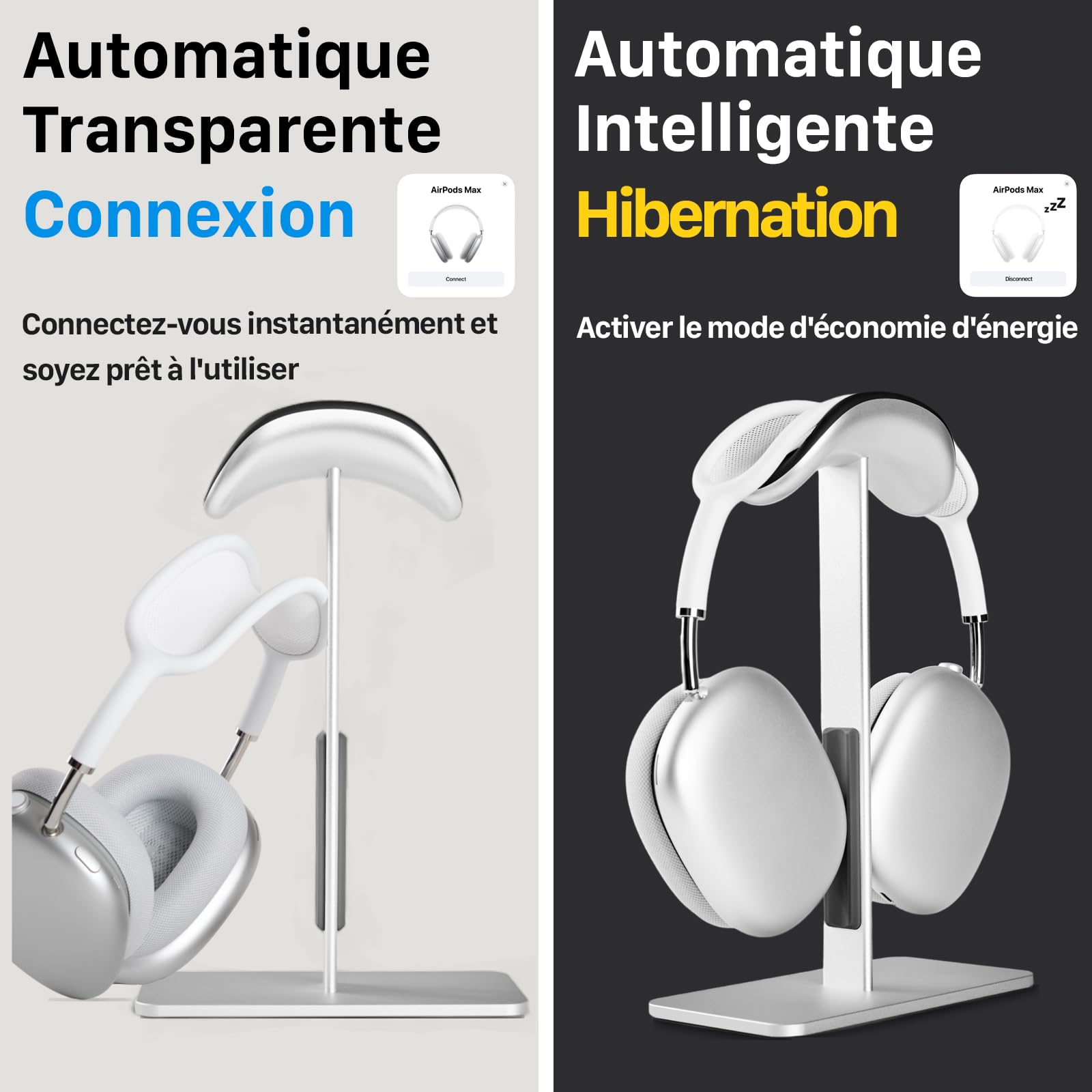 Support pour AirPods Max avec Mode Veille – Support Casque en Aluminium pour Bureau, antidérapant, protège Le Bandeau, Surface Anti-Rayures (Argent)