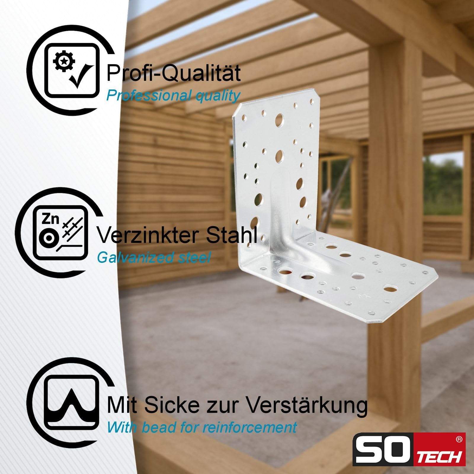 SOTECH 20er Set Bauwinkel Winkelverbinder 130 × 130 × 100 mm mit Sicke (Verstärkung) 90° Materialstärke 2,5 mm Schwerlastwinkel aus feuerverzinkter Stahl Eckwinkel Stahlwinkel Metallwinkel Winkel