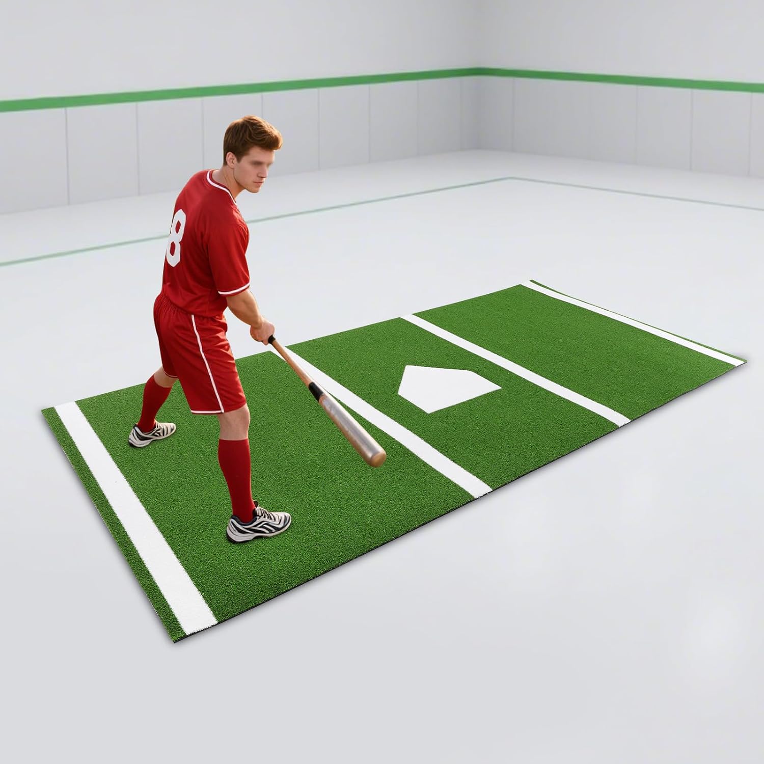 Baseball Batting Mat, 9.8ft x 4.9ft Softball Hitting Mat, Baseball Batting Hitting Mats with Inlaid Home Plate& White Lines, Anti-Slip Baseball Softball Cage Mats for Indoor Outdoor (Green + White)