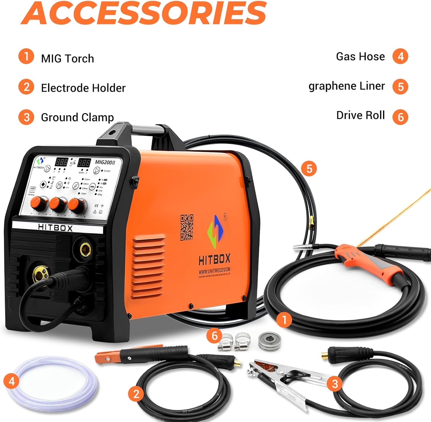 Included accessories for the HITBOX MIG200 Synergy Welder: MIG torch, electrode holder, ground clamp, gas hose, graphene liner, drive roll