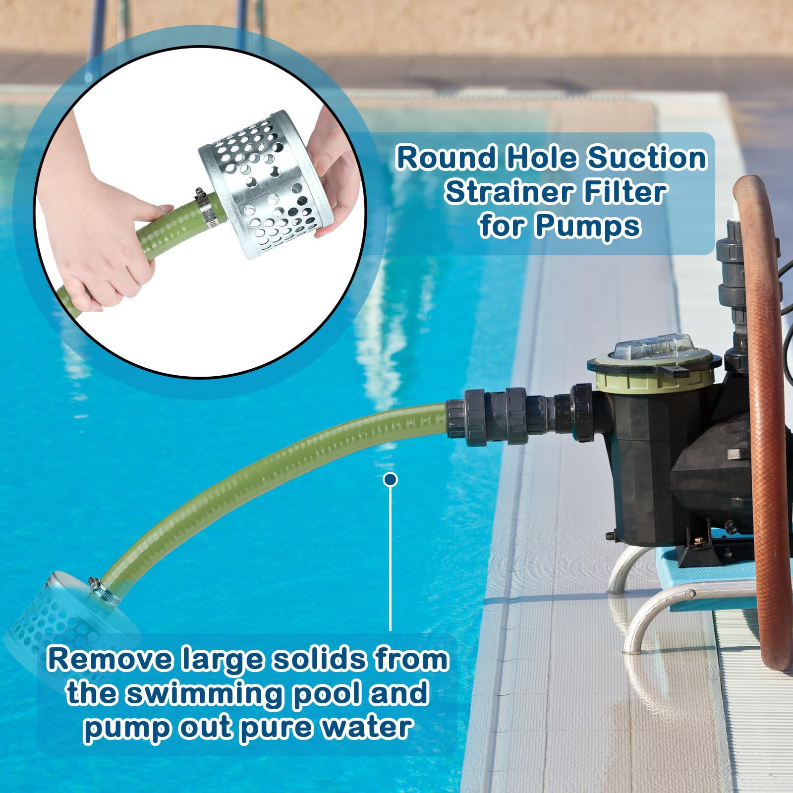 Tujoe - Filtro de succión de agujero redondo chapado en acero al carbono, manguera de rosca NPT para bomba de agua, colador de entrada para quitar escombros, basura reduce la entrada de sólidos (4