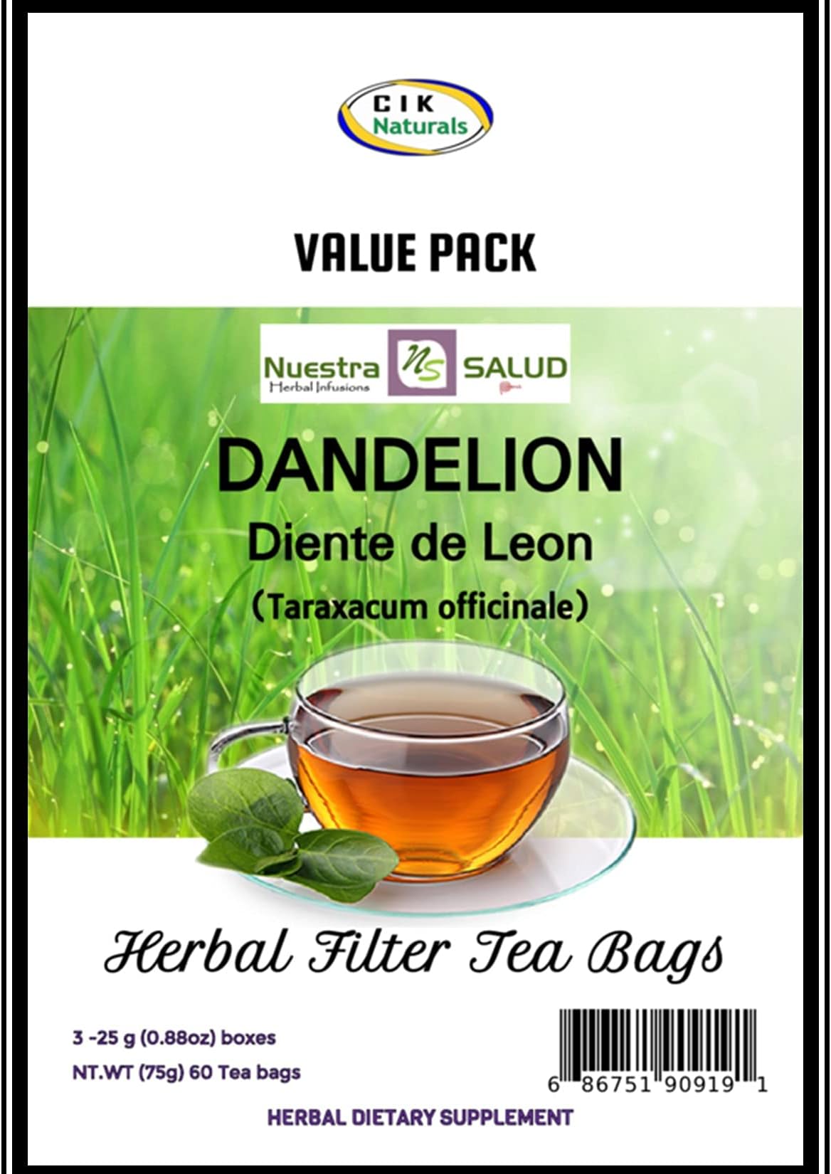 Dandelion Tea Diente de Leon Te (60 tea bags) Value Pack 100% Natural and Caffeine Free
