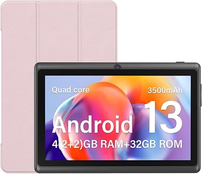 7 inch Android 13 Tablet with Protection Case, 4RAM 32GB ROM, 1TB Expand, Quad-Core Processor, Dual Camera, WiFi Pink