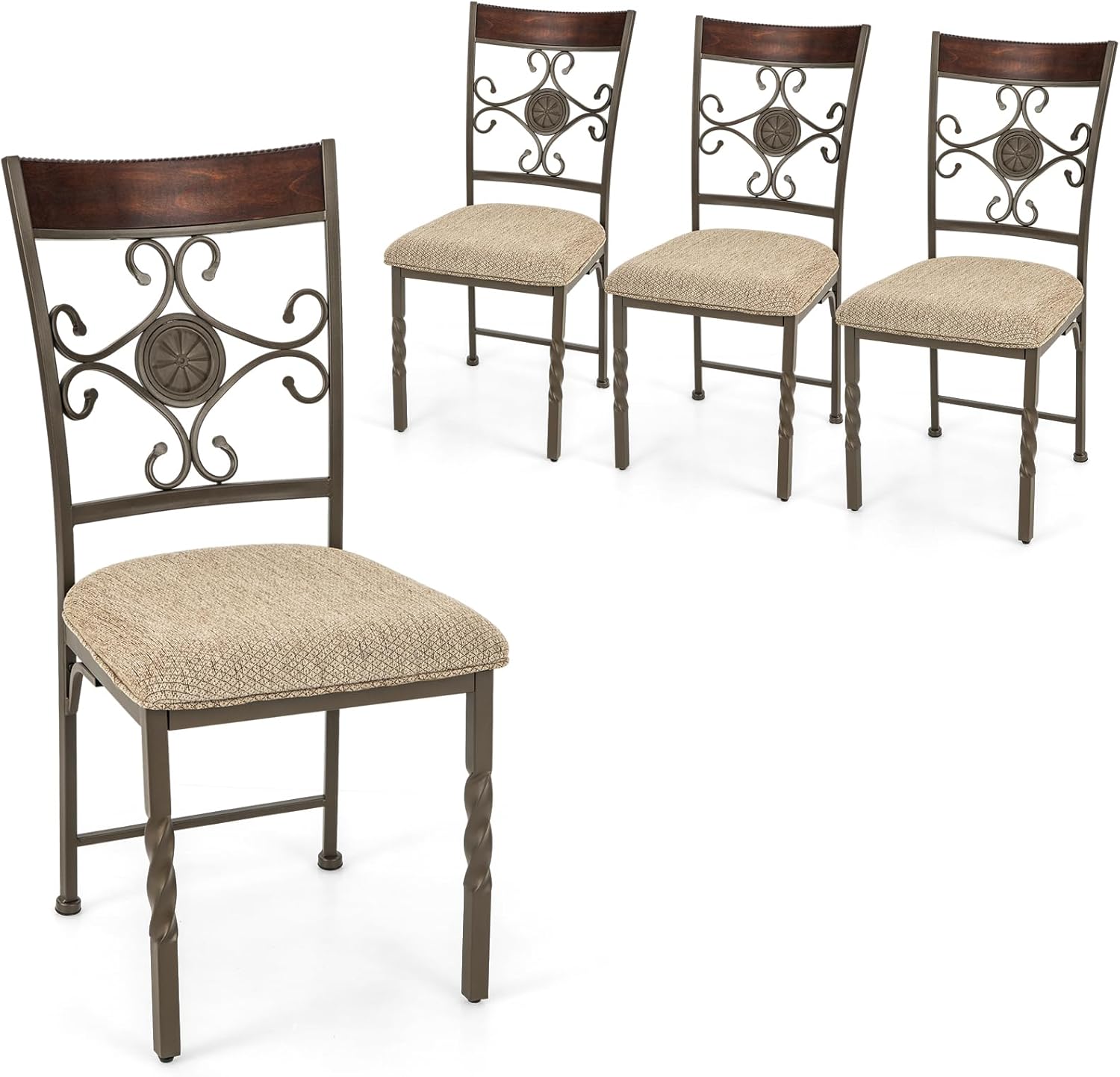 Giantex Upholstered Dining Chair Set of 4, Vintage Metal Dining Chairs with Soft Padded Seat Cushion, Retro High Backrest, Armless Kitchen Chair for Dining Room, Restaurant, Brown