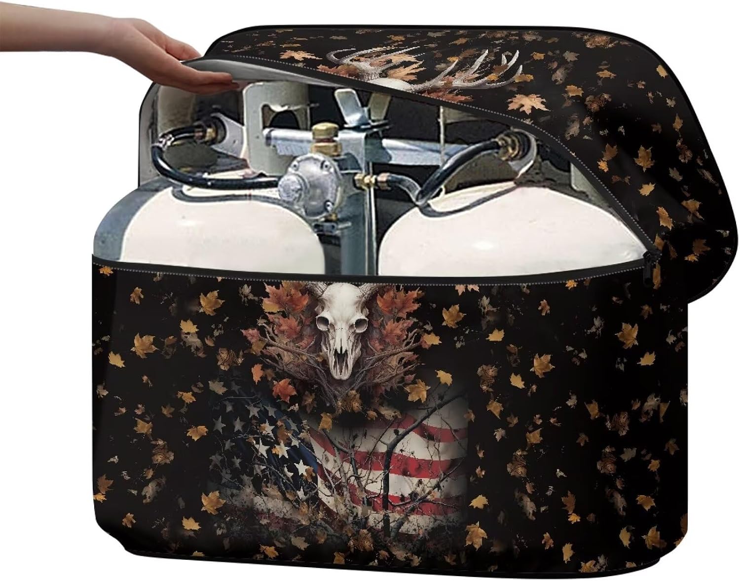 Deer American Flag Maple Leaf Pattern RV Propane Tank Cover, Snow Proof Trailer Travel Accessories with Zipper Dust Resistant Propan Gas Tank Cover Protect Propan Tanks in Camping Travel, L