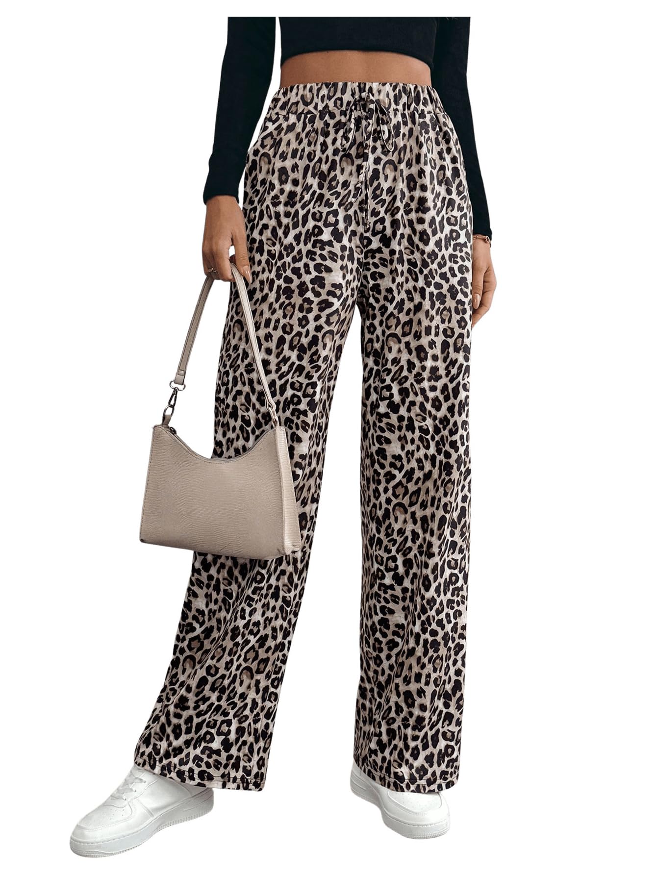 GORGLITTER Freizeithose Damen Lang Weites Bein Hose Mit Leoprint Stoffhose Mit Taschen High Waist Jogginghose Stretch Hose Gerade Hose