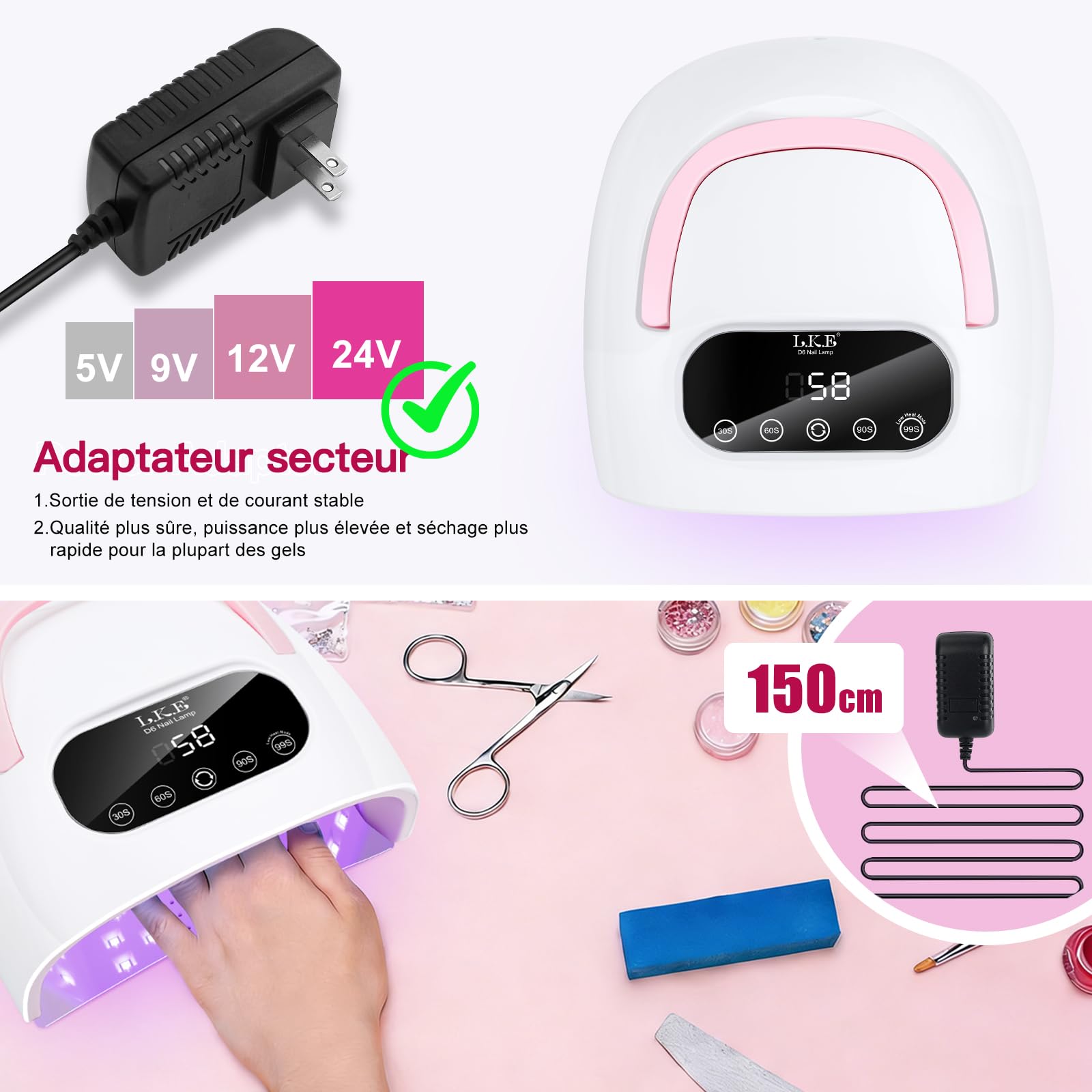 LKE Lampe à Ongles UV Led 380W Professionnelle Lampe Uv Ongles Gel Séchoirs à Ongles avec 4 Minuteries Écran Tactile LCD Capteur Automatique Poignée Portable Socle Magnétique Lampe Séchage Pour Salon