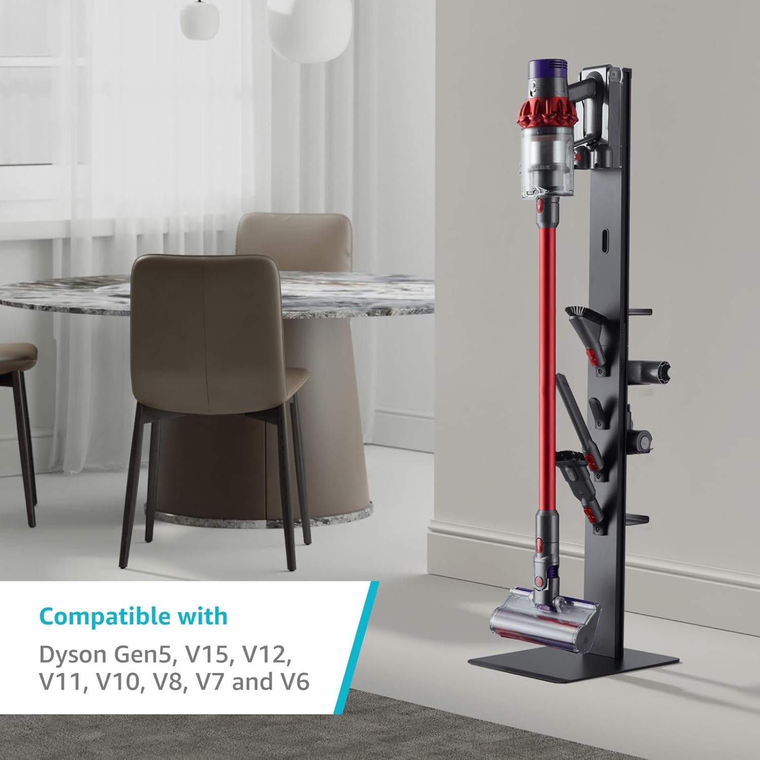 Vacuum Cleaner Stand, Compatible with Dyson Gen5 V15 V12 V11 V10 V8 V7 V6, Floor Cordless Vacuums Attachment Holder with 4 Hooks and 4 Shelves, Metal Storage Bracket Organizer, Black