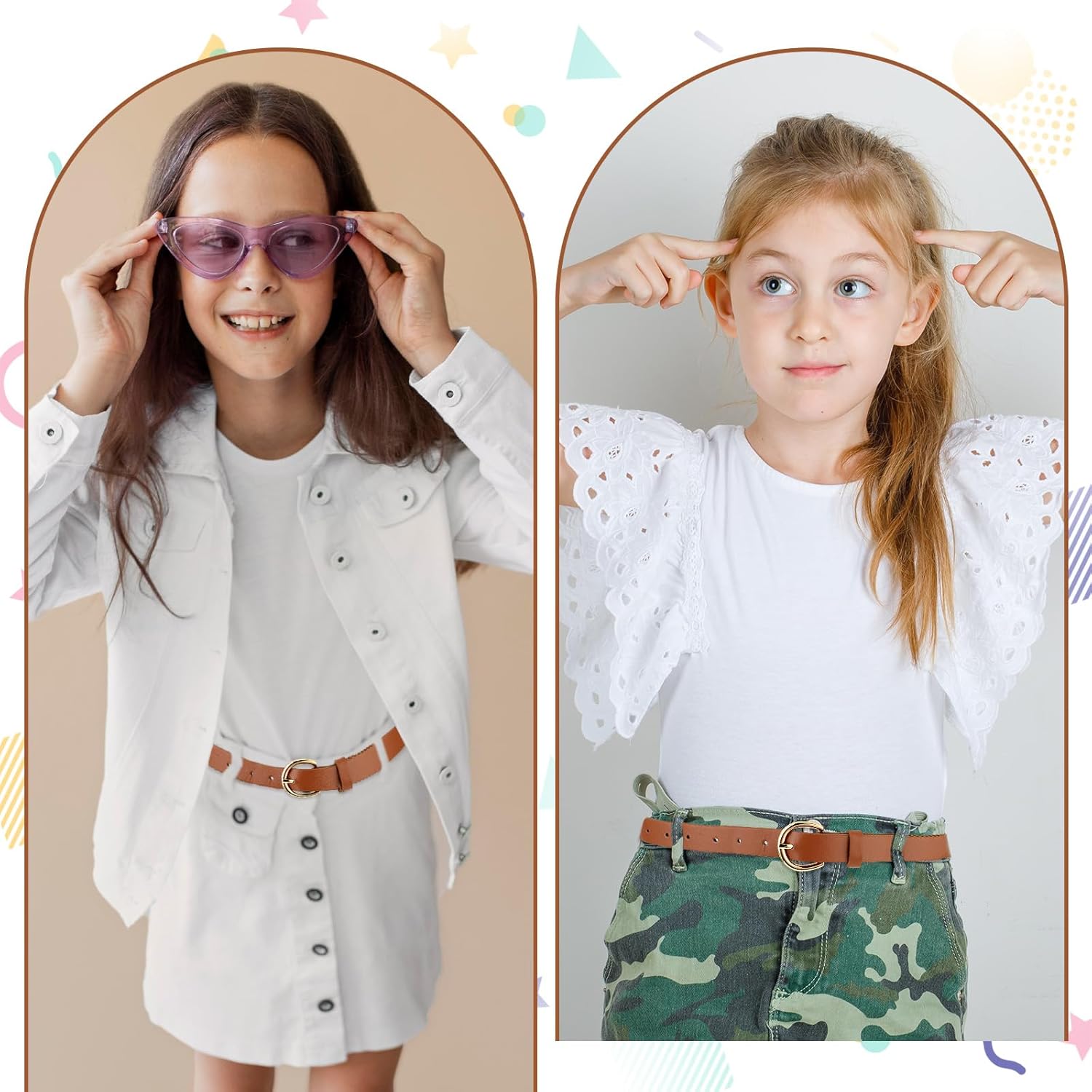 2 PCS Girls Belt 32.3" Elastic Leather Kids Belts, Exquisite Comfortable Skinny Strappy Waist Belt with Double O Ring Buckle (Black/Light Tan) - Image 5