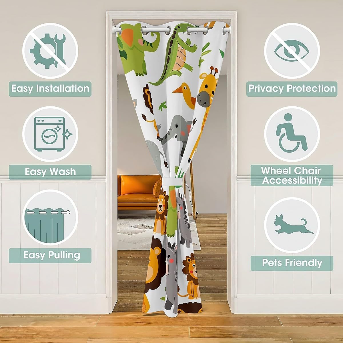 jejeloiu Kids Cartoon Lion Doorway Curtain Privacy 1 Panel, 59"x80" Boys Girls Cute Elephant 30%-50% Room Darkening Blackout Curtain Kawaii Giraffe Door Cover Curtain Farm Zoo Animals Print