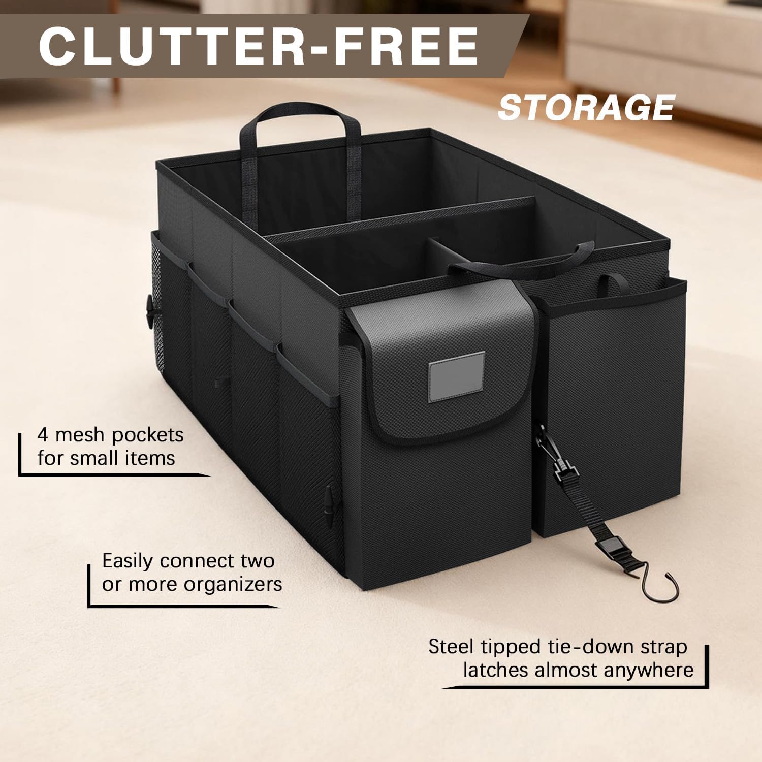 Collapsible Car Trunk Organizer - Multi-Compartment Storage for SUV/Truck/Sedan - Adjustable Straps Secure Belongings - Waterproof & Durable Interior (Black)