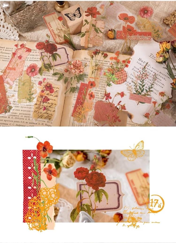 180PCS Romantic Flowers Scrapbook Stickers Kit Retro Flowers PET Transparent Waterproof Stickers Set for Junk Journal Journaling Water Bottles Phone Laptop Decals Pack for Teens Girls Kids Adults
