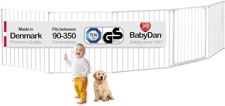 BabyDan Flex XXL, 90-350 cm, Hearth Gate/Stair Gate/Room Divider/Fire Surround, White, Made in Denmark - Baby Gate/Safety Gate Pet Gate/Dog gate/Dog playpen
