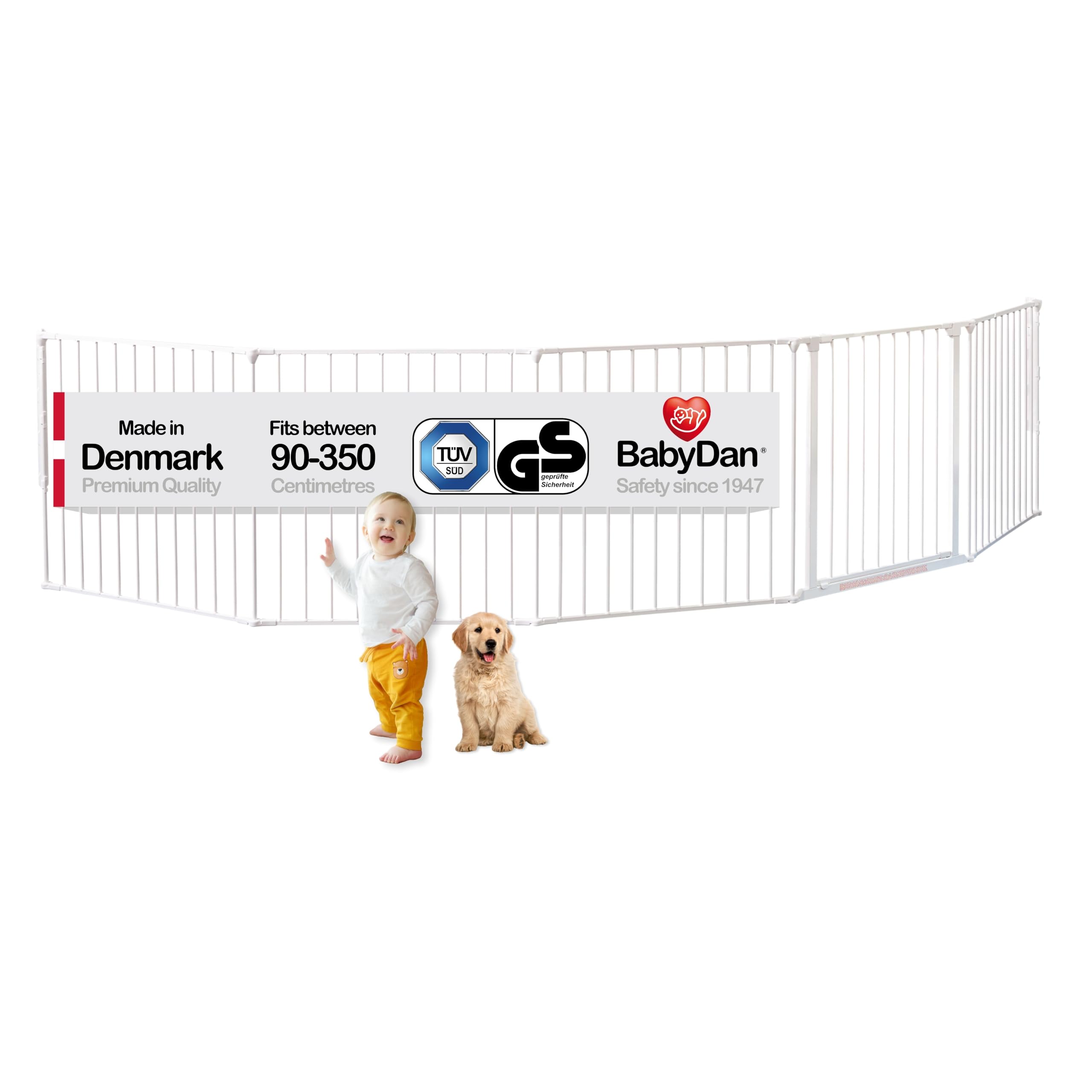 BabyDan Flex XXL, 90-350 cm, Kaminzaun/Treppengitter/Raumteiler/Kaminumrandung, Weiß, Hergestellt in Dänemark - Kinderschutzgitter/Sicherheitsgitter (Haustiergitter/Hundegitter/Hundespielgehege)