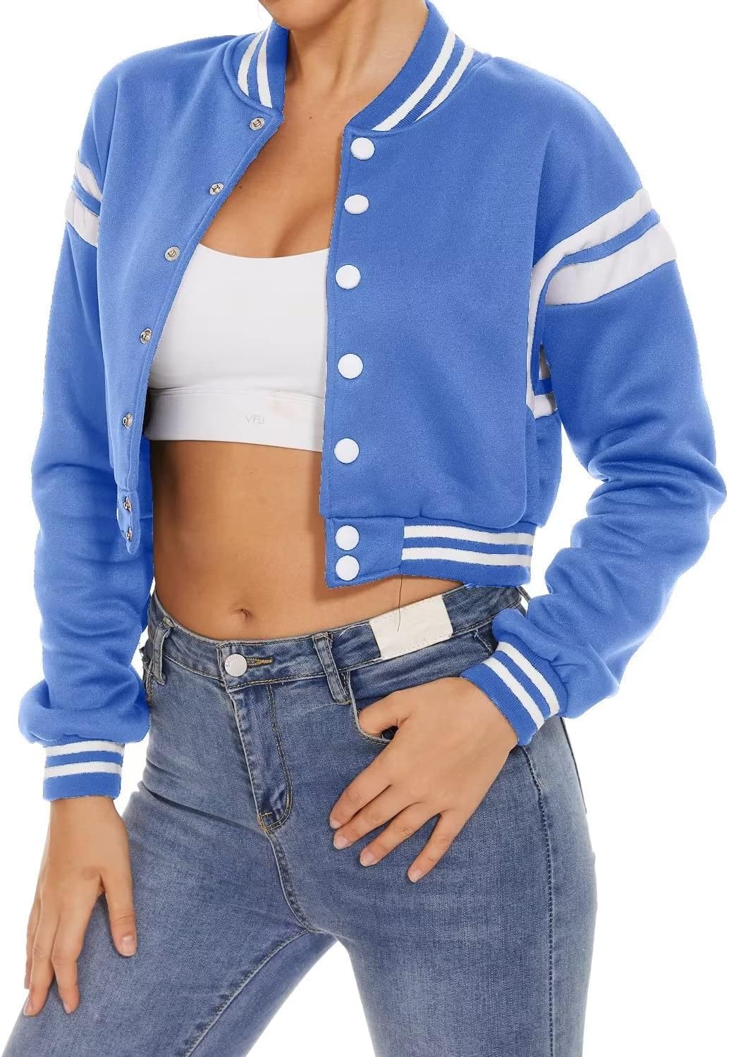 ACEFAST INCWomens Varsity Jacket Long Sleeve Button Down Cropped Bomber Jackets Casual Baseball Coat Y2K Streetwear