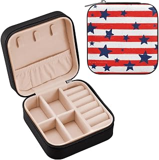 Qilmy Patriotic Star Jewelry Box, Portable Leather Rings Earrings Storage Case Mini Jewelry Organizer for Women Girls