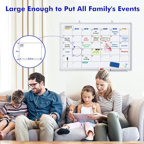 Miniatura 6 de Calendario de borrado en seco para pared, pizarra blanca magnética mensual de 36 x 24 pulgadas, marco de aluminio para colgar en la pared con