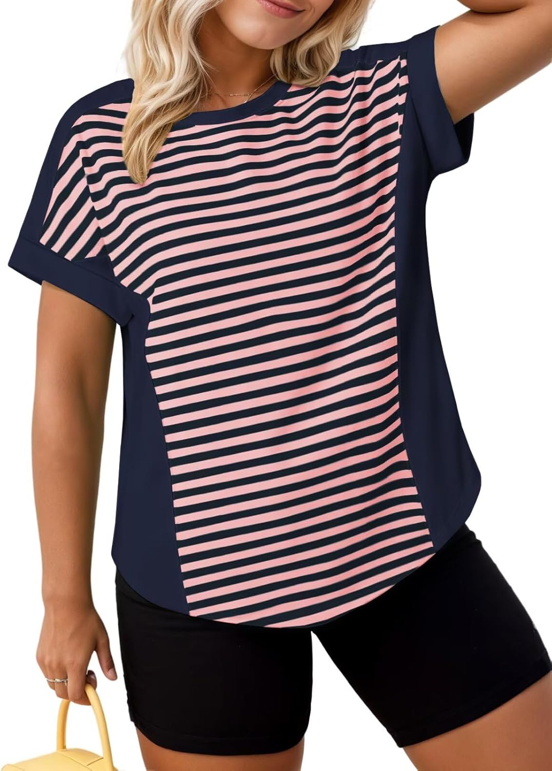 Womens Plus Size Summer Tops Casual Crewneck Going Out Tee Oversized Striped Color Block Shirts Navy Blue 2XL - Image 2