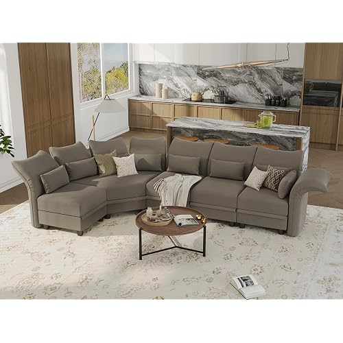 LLappuil Velvet Modular Sectional Sofa L Shaped Corner Couch with Storage Chaise, 142.2" 5-Seater Sofa with Big Ottoman, High Back Recliner Sleeper Couches, Anti-Scratch Brown