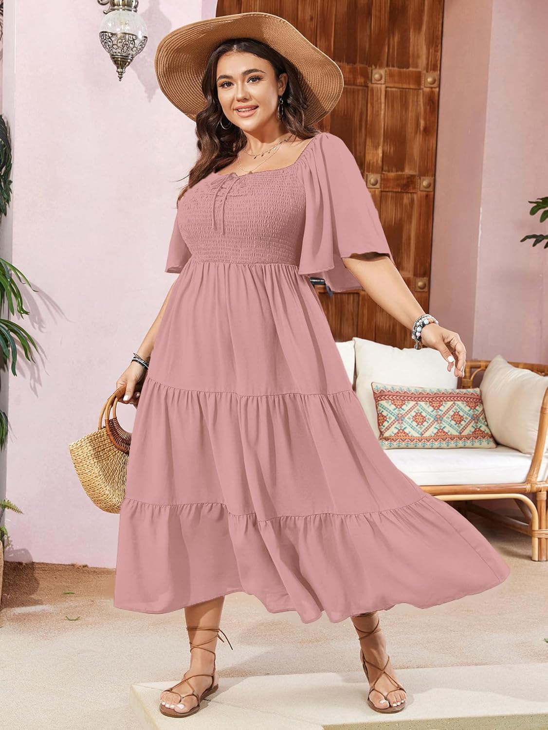 SCOMCHIC Women's Plus Size Flowy Maxi Dress Flutter Short Sleeve Boho Dress Square Neck Smocked Formal Dresses for Women - Image 3
