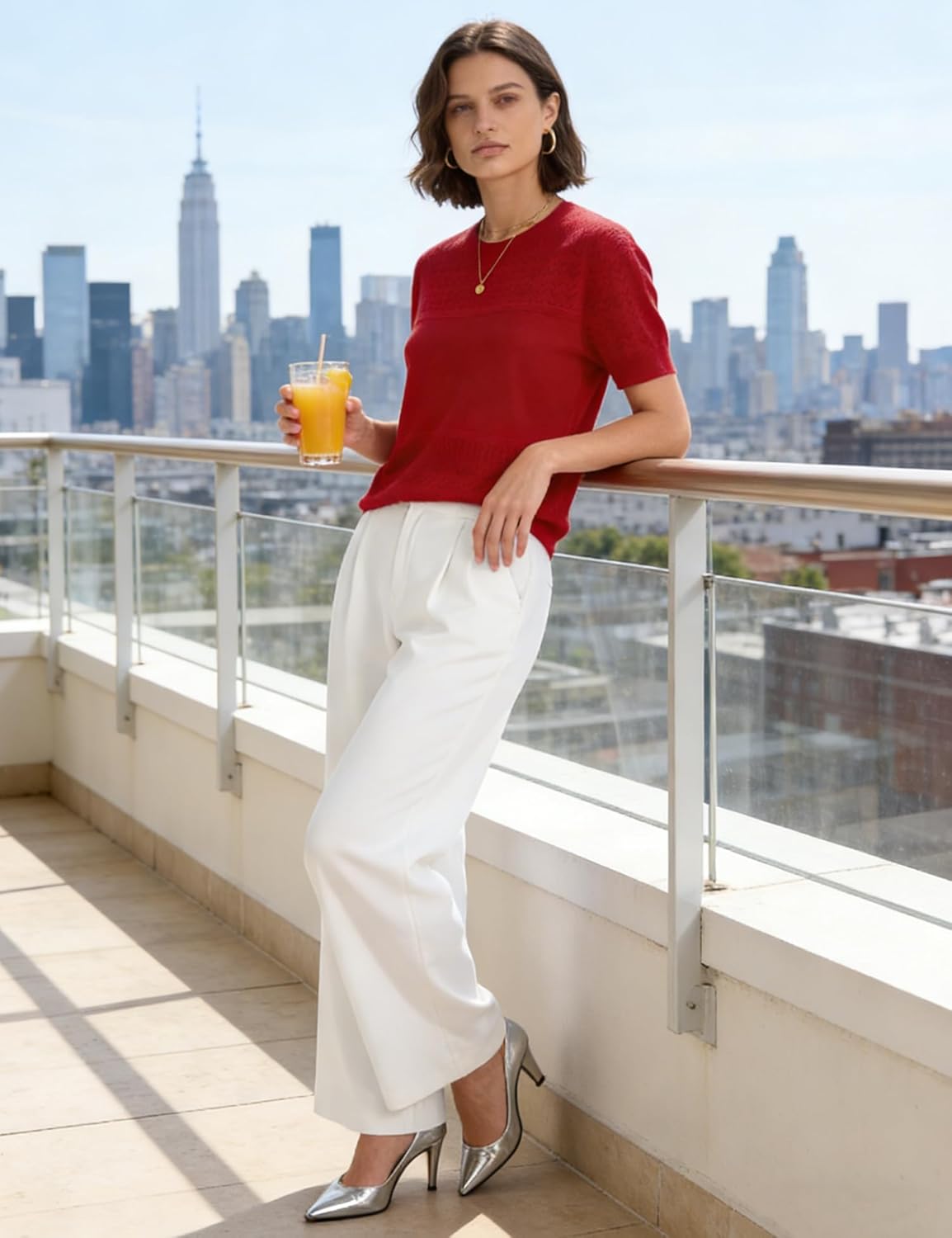 Short Sleeve Sweater for Women 2026 Spring Summer Crew Neck Eyelet Knit Shirts Loose Fit Lady Casual Blouse Tunics - Image 2