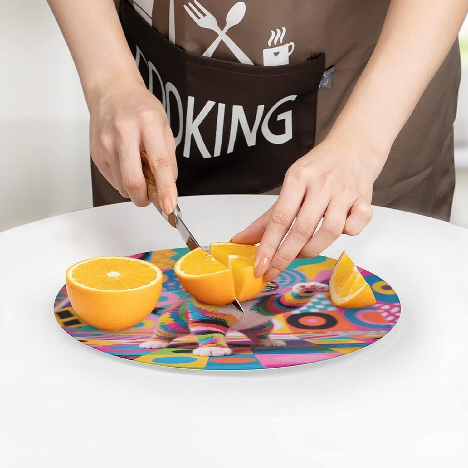 Style Cat Tempered Glass Chopping Block | 7.9 Inch Round Non Slip Glass Cutting Board Kitchen Prep Tray for Household Daily Cooking Outdoor Picnic Use