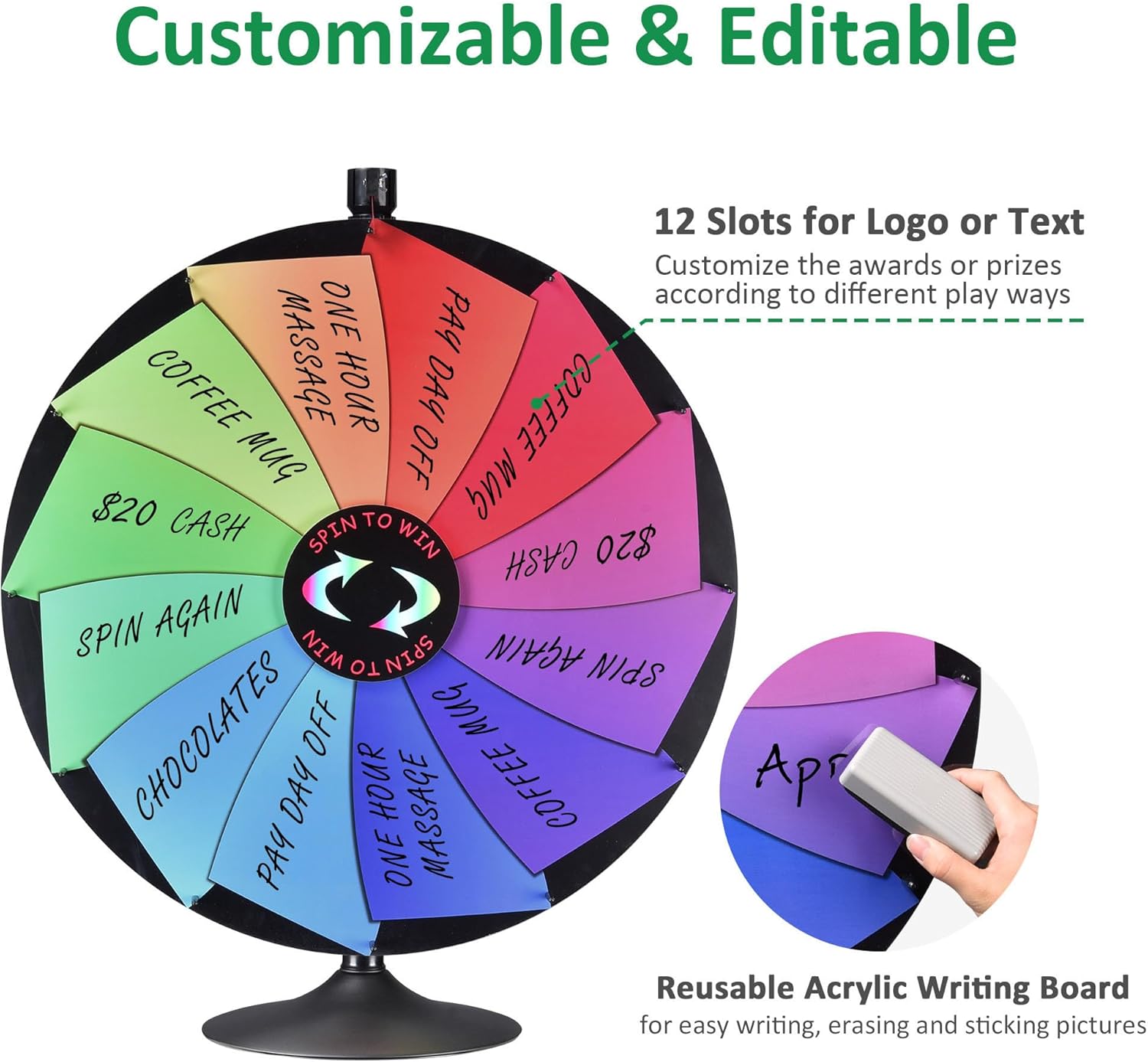 36 inch Spin Wheel Adjustable Tabletop and Floor Stand, Dual Use Wheel of Fortune Wheel Spinner with Dry Erase Marker & Eraser, Spinning Prize Wheel for Carnival Tradeshow Parties