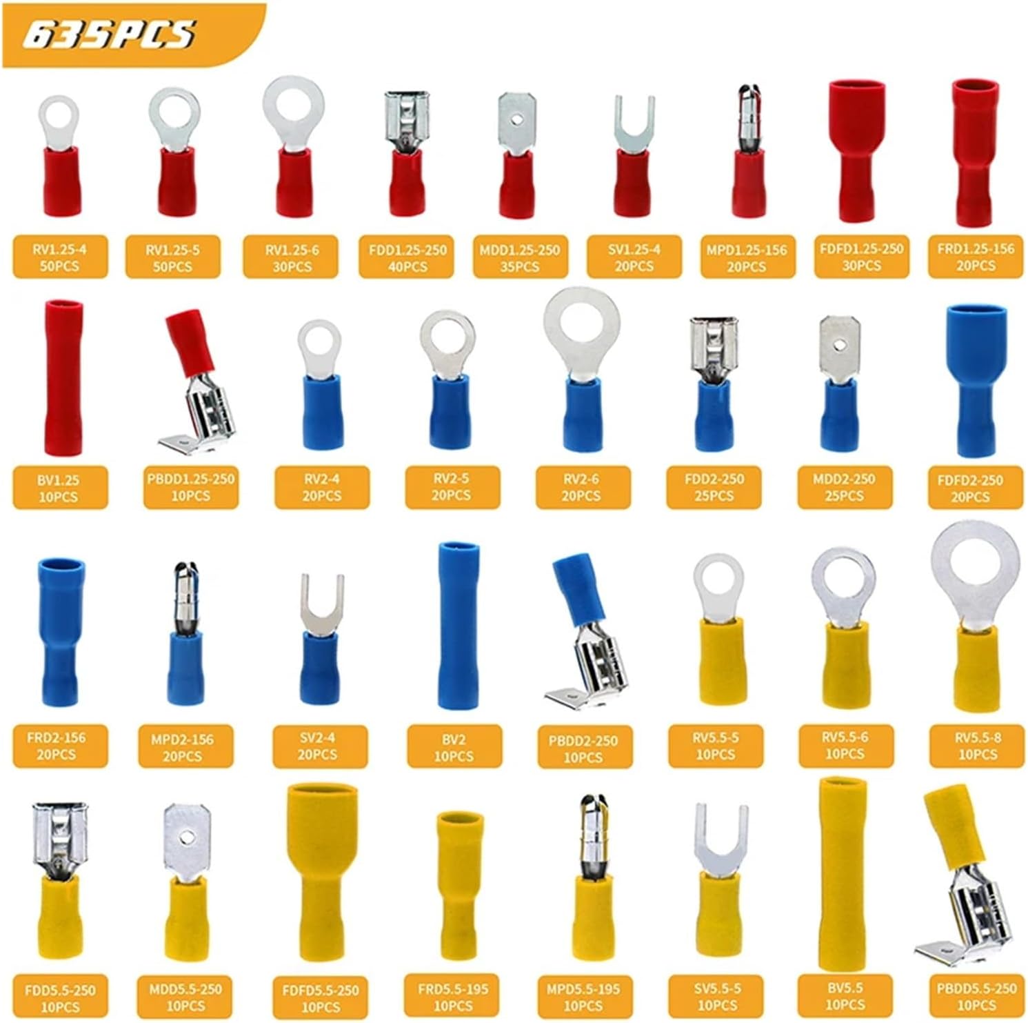 635Pcs Electrical Wire Connectors, Insulated Wire Crimp Terminals, Mixed Butt Ring Fork Spade Quick Disconnect Assortment