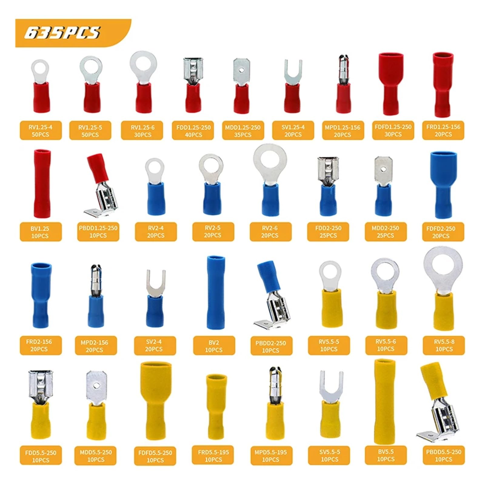 Assortiment de 635 connecteurs de fils électriques, cosses à isolées, bagues à bout mixtes, fourches et bêches à déconnexion rapide