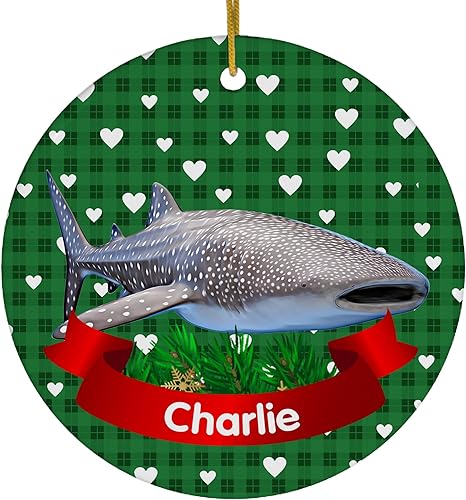 Diseño temático verde romero ballena tiburón nombre personalizado adornos de Navidad 2024 círculo blanco cerámica salvaje amante regalos