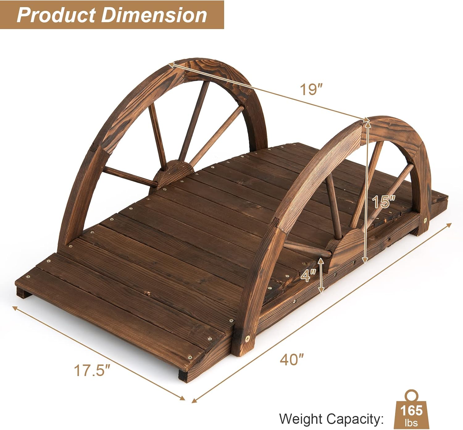 S AFSTAR 3.3 FT Wooden Garden Bridge, Arc Stained Wood Footbridge w/Double Half-wheel Railings & Solid Fir Wood Construction, Decorative Landscaping Bridge for Garden Yard Patio, Easy Assembly, Brown