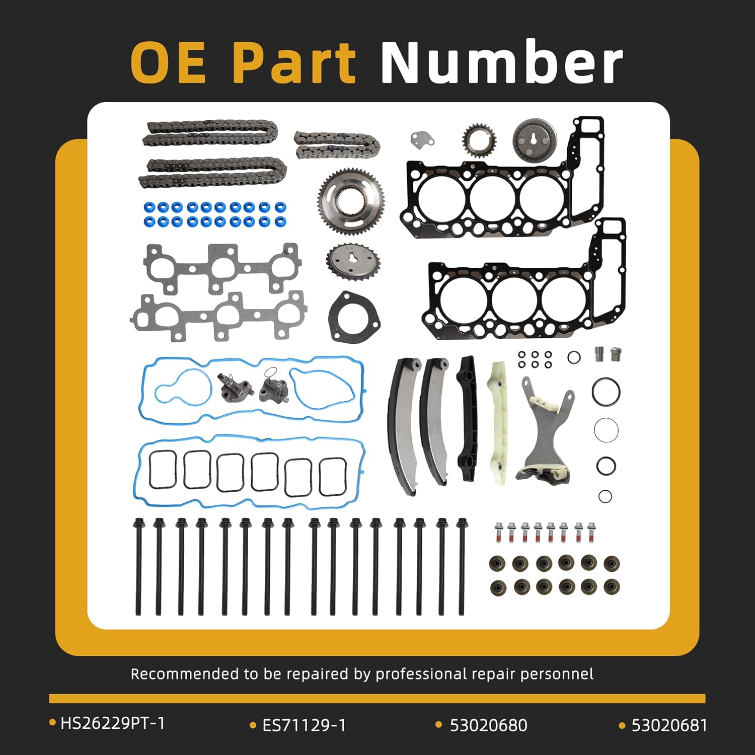 Head Gasket Set Bolts with Timing Chain Kit 3.7L,for Jeep Commander Liberty Grand Cherokee,for Dodge Nitro Dakota Durango Ram 1500, for Mitsubishi Raider 05-12, HS26229PT-1 53021293AA(70pcs)