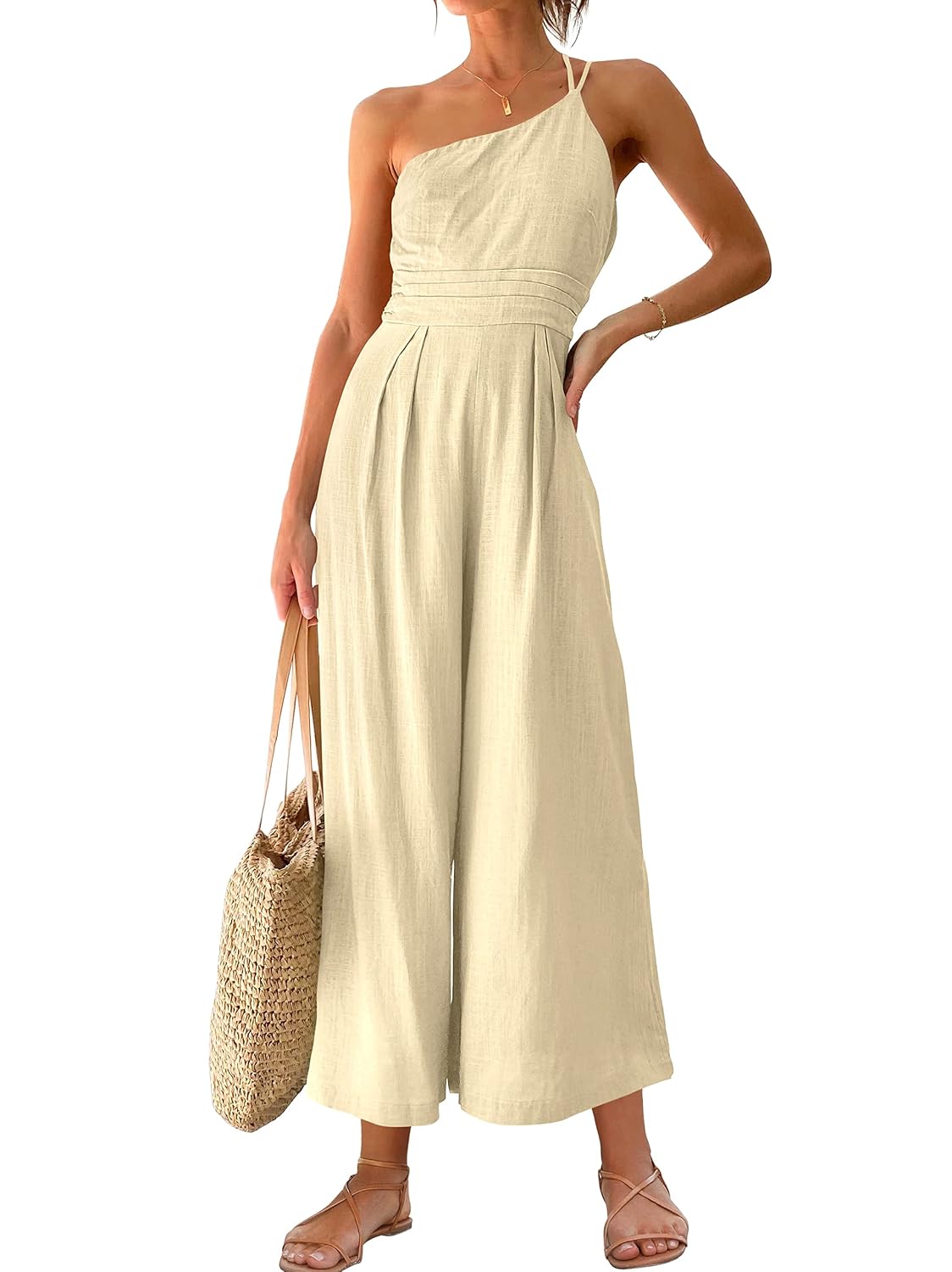 ANRABESS One-Shoulder Wide-Leg Linen Jumpsuit