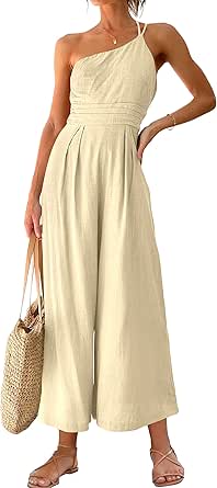 ANRABESS Women's Summer Straps One Shoulder Pleated High Waist Casual Wide Leg Jumpsuit Romper with Pockets