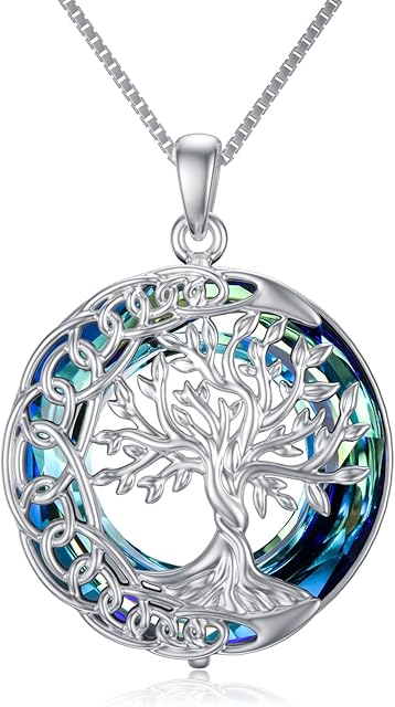 Mother's Day Gifts for Women Tree of Life Necklace Moon Necklace 925 Sterling Silver Crystal Pendant Necklace Tree Life Jewelry Gift for Wife Girlfriend Sister Mum Grandma Daughter Birthday Gifts