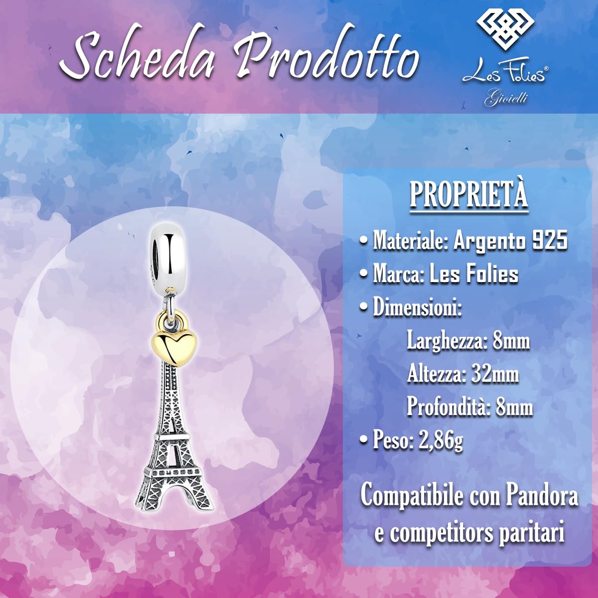 Charm Torre Eiffel Parigi Cuore Amore Innamorati in argento 925 - Les Folies per Pandora