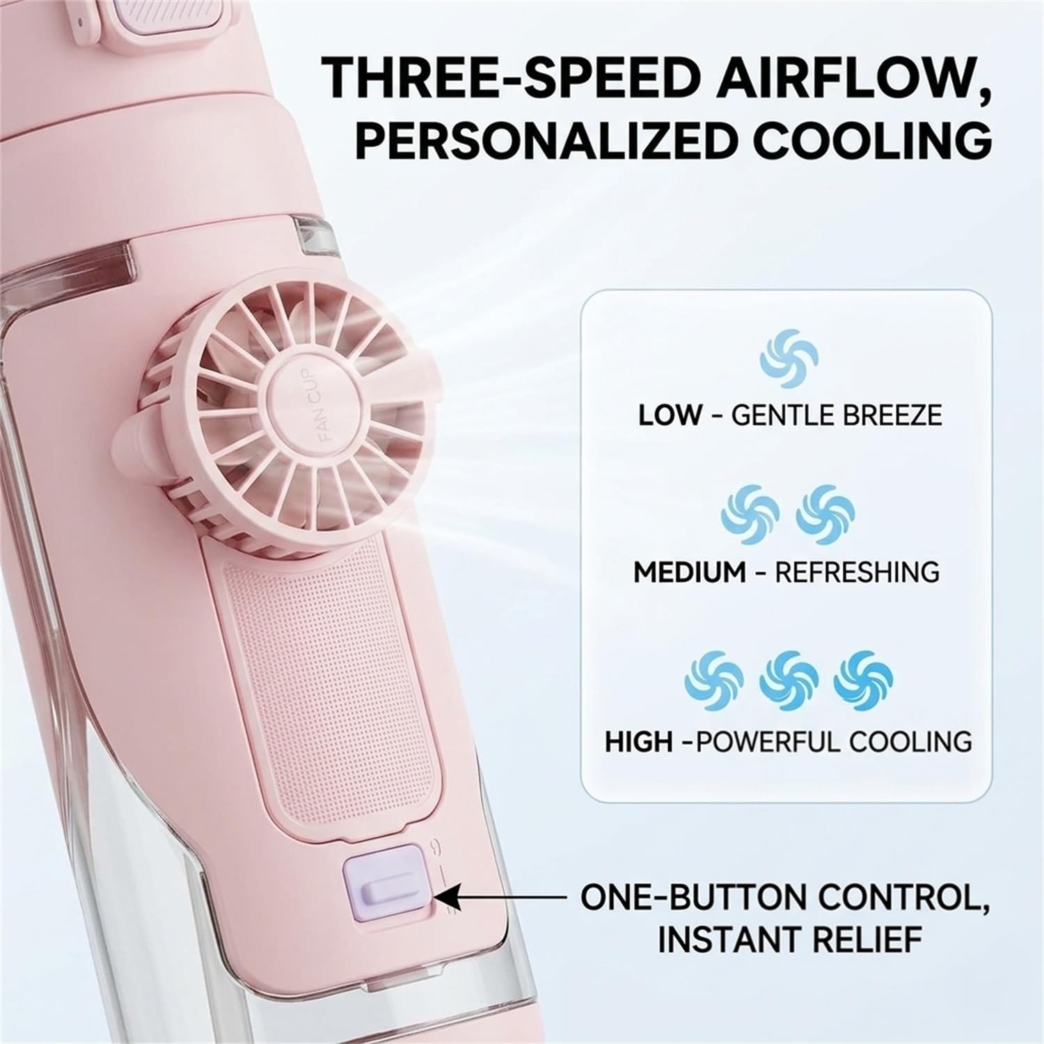 Botella de agua 2 en 1 con ventilador plegable integrado, botella de agua de refrigeración portátil de 690 ml con ventilador de 3 velocidades, popote a prueba de fugas y tapa de boquilla para viajes