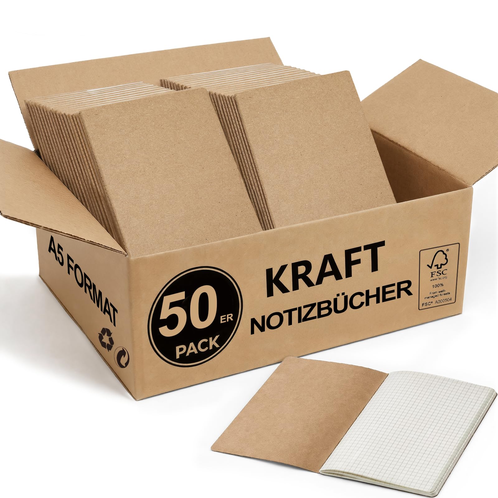 Pack de 50 Cuadernos Kraft A5, 60 Páginas Cuadrícula, 21 x 14 cm, Cubierta Kraft, Compra al por Mayor, Escuela y Oficina