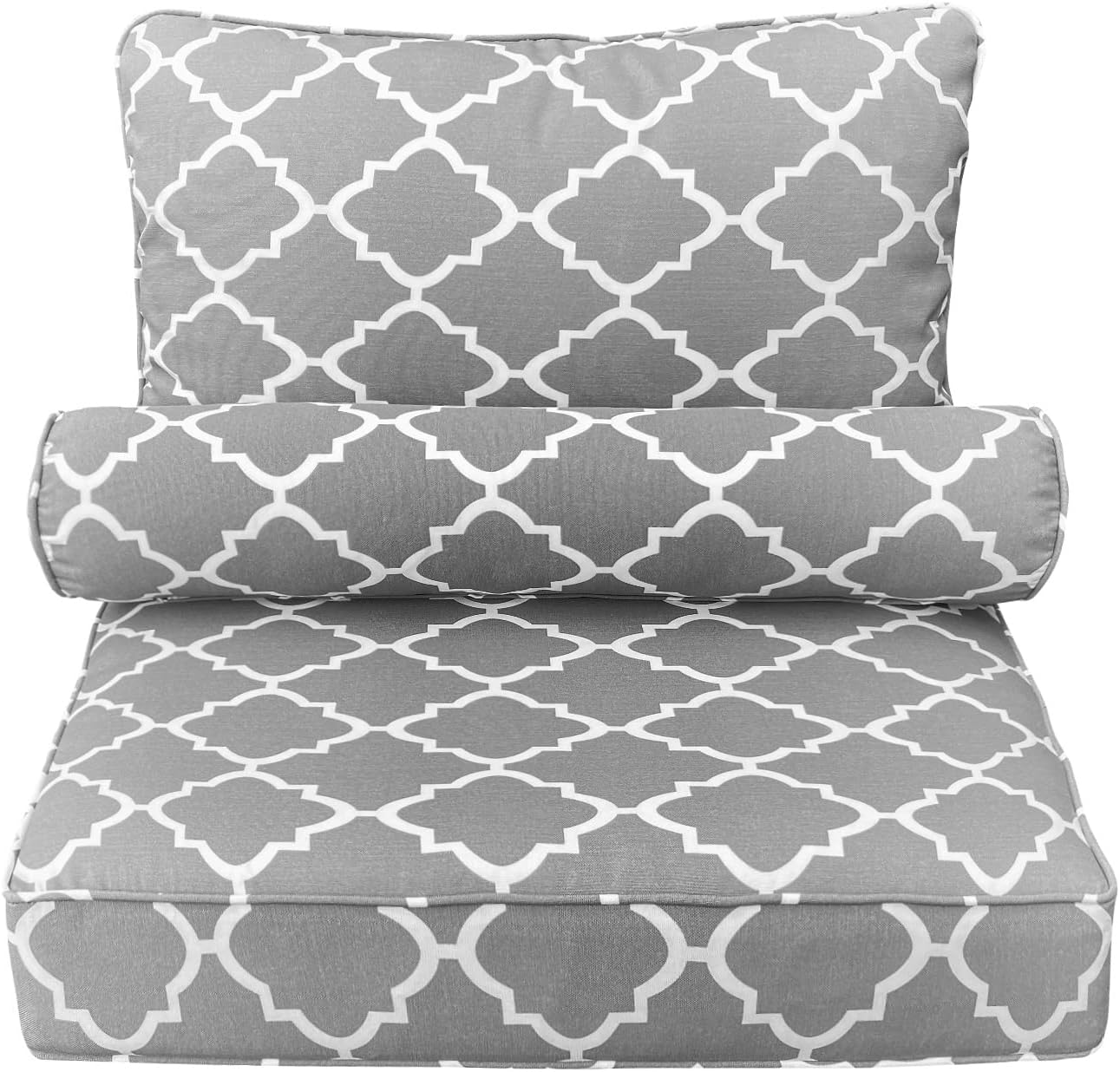 Outdoor Waterproof Decorative Deep Seat Cushions Set for Patio Furniture, Fade Resistant Patio Garden Lumbar Cushions with Inserts Bolster Pillows for Couch Bed Sofa, Geometric Grey