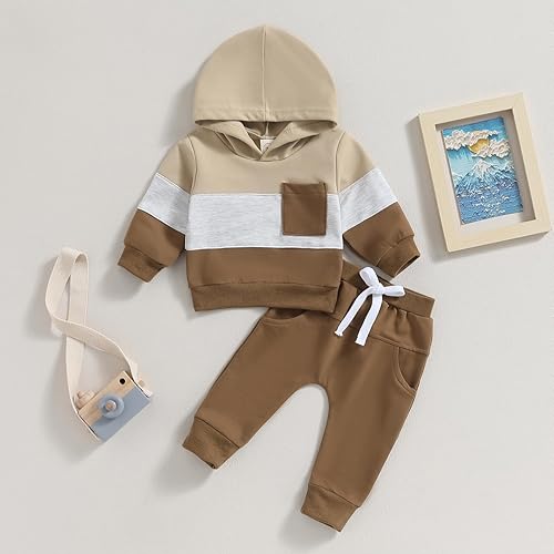 Miniatura 9 de Ursobutegl Ropa para bebé niño pequeño, sudadera con capucha y bloques de color, 2 piezas, sudadera para otoño e invierno