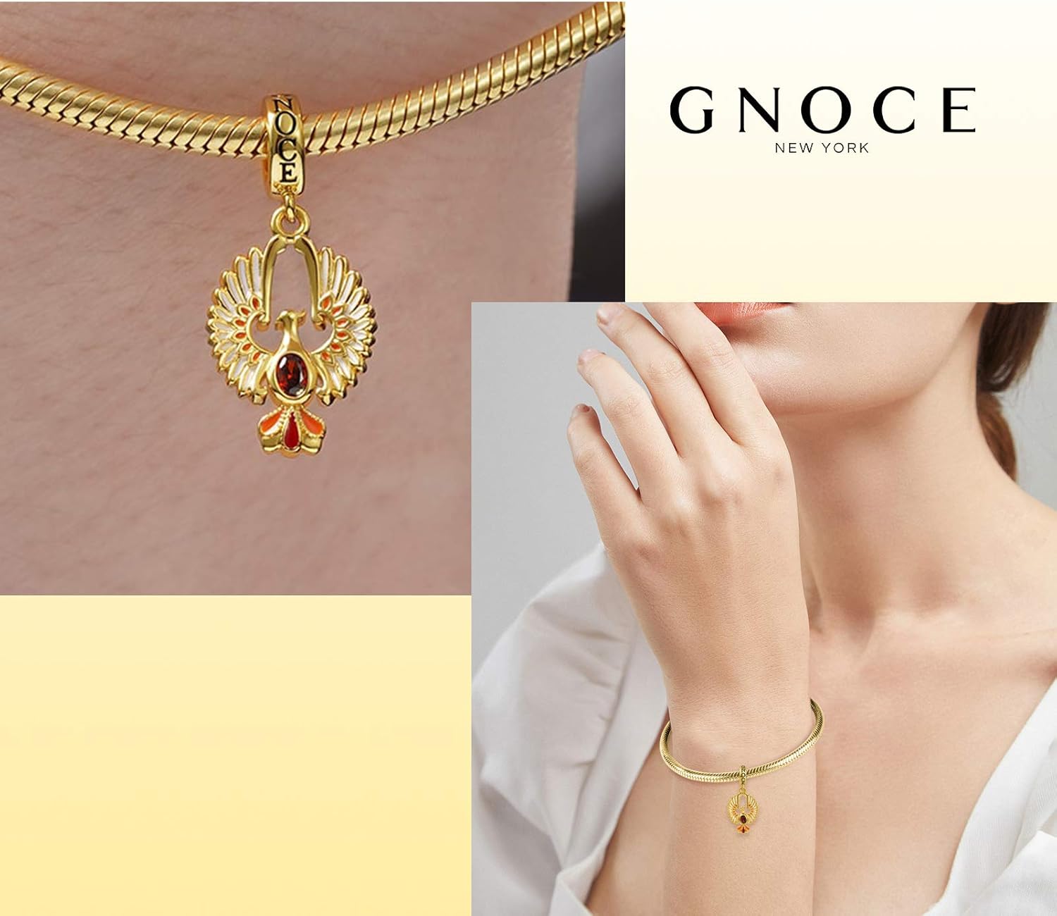 GNOCE Golden Phoenix Pendant Charm Sterling Silver 18k Gold Dangle Charm with Oval Cut Ruby Fit Bracelet/Necklace For Women