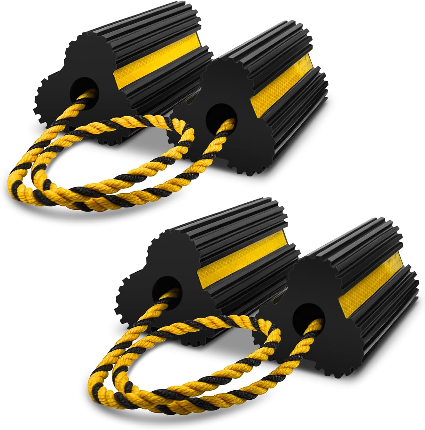 ROBLOCK 2 Pairs Wheel Chocks Heavy-Duty Rubber Wheel Block Non-Slip Base with Nylon Rope Yellow Reflective Tape - 4 Pack Wheel Stopper for Travel Trailers, Car, Camper, Truck, Black 4pack