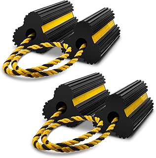 ROBLOCK 2 Pairs Wheel Chocks Heavy-Duty Rubber Wheel Block Non-Slip Base with Nylon Rope Yellow Reflective Tape