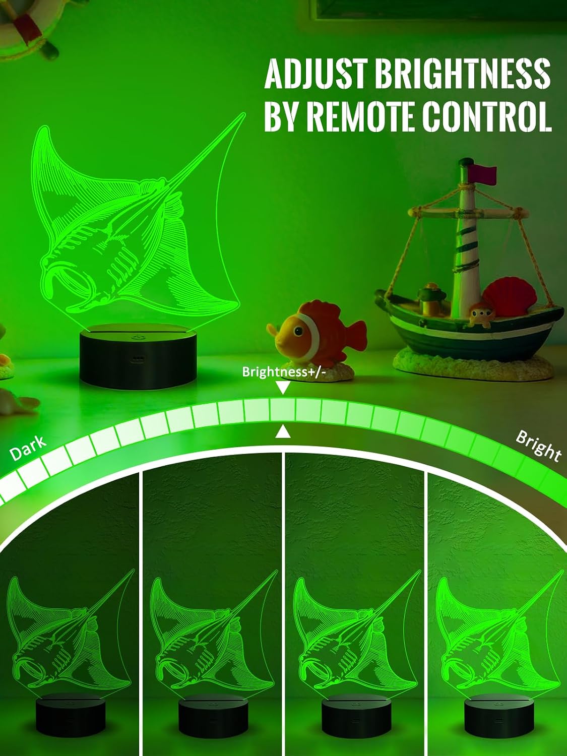 Lampeez Manta Ray 3D Night Light for Kids, LED 16 Colors Remote Control Changing Touch Dimmable Table Desk Lamp, Cute Animal Gifts for Manta Ray Lovers Animal Fans