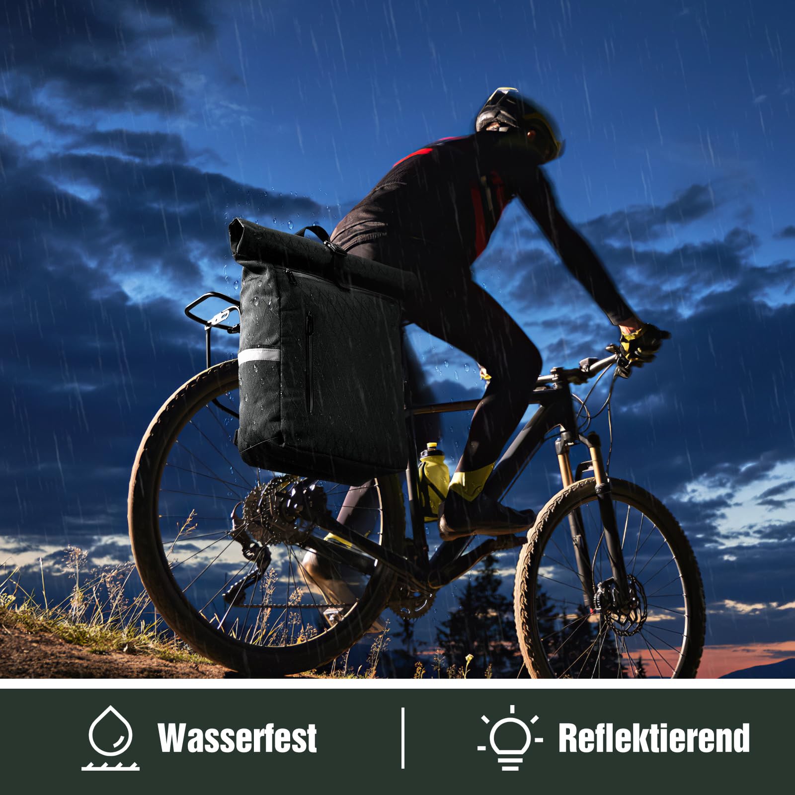 Fietstas voor bagagedrager, 22 Liter, fietstas, rugzak voor Heren, meerdere bagagedragertas met laptopvak, 2-in-1 fietstas, rugzak Combi, reflecterend (Zwart)