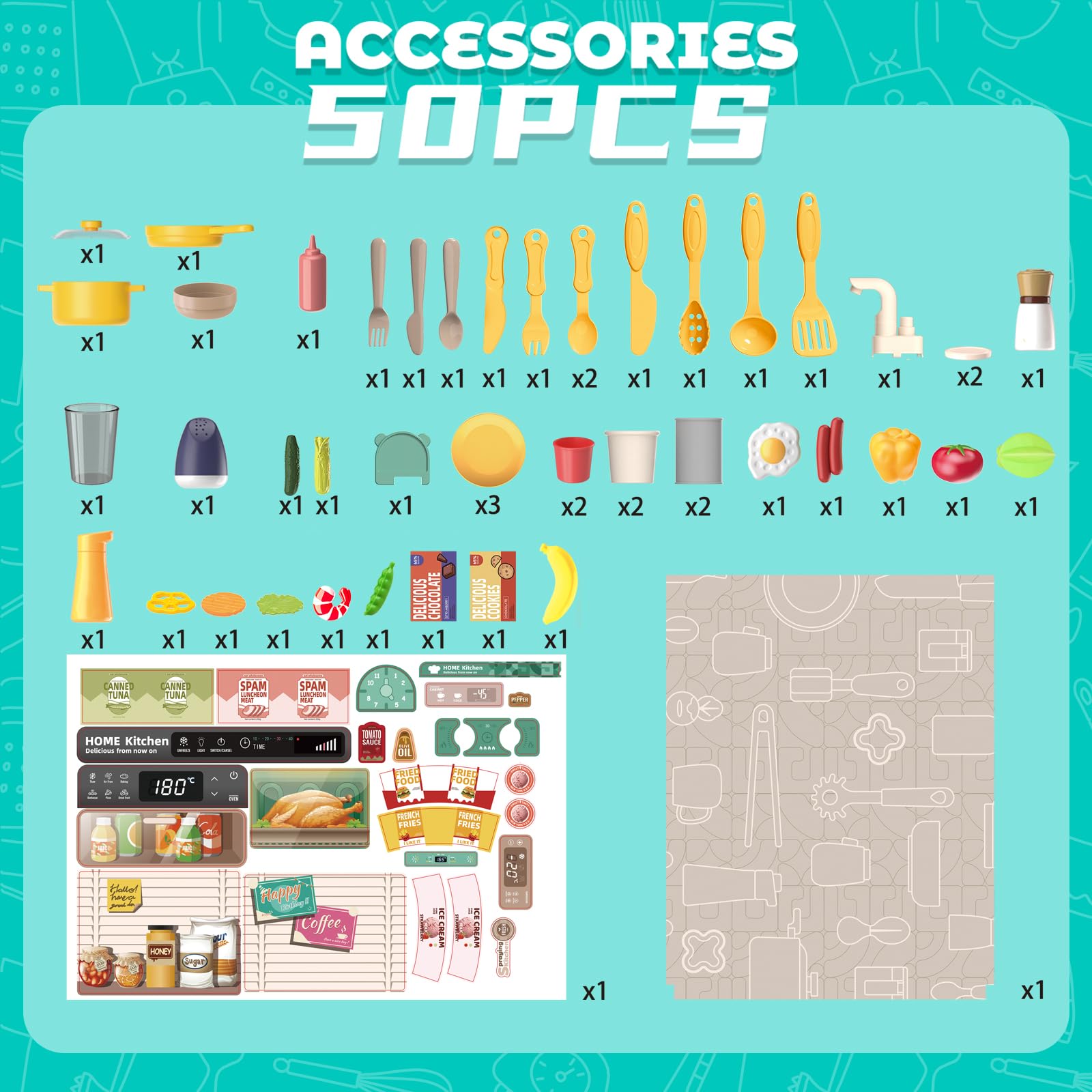deAO Cocina Juguete Niños, Cocinas Infantiles Incluye 50 Accesorios, Grifo con Bomba de Agua, Luces, Sonoras y Vapor, Educativos Juego de Cocina para Niños, Regalos de Cumpleaños, Navidad +3 Años