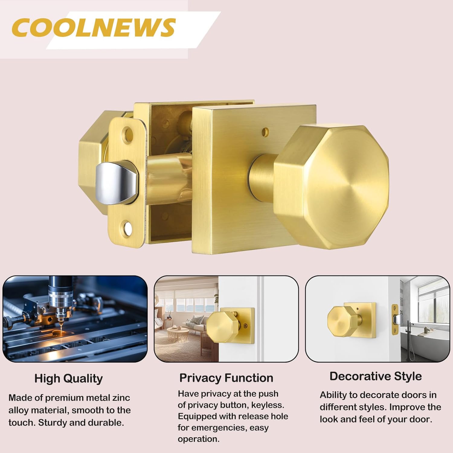 coolnews Gold Door Knob with Lock, Privacy Door Knobs Interior, Octagonal Satin Brass Door Handle for Bedroom Bathroom, Satin Brass Finish